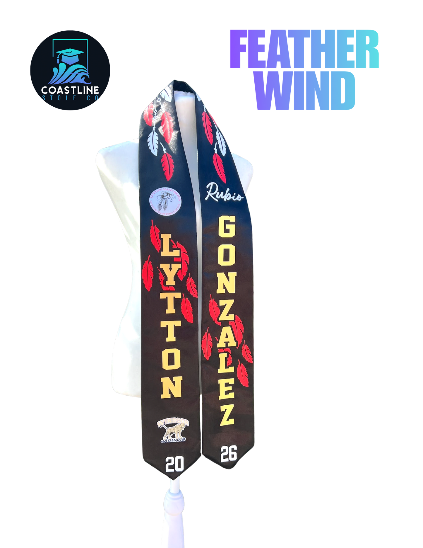 Native American FEATHER WIND - Graduation Stole - Custom - Softball/Baseball - High School | College Sports Track Volleyball Football Soccer