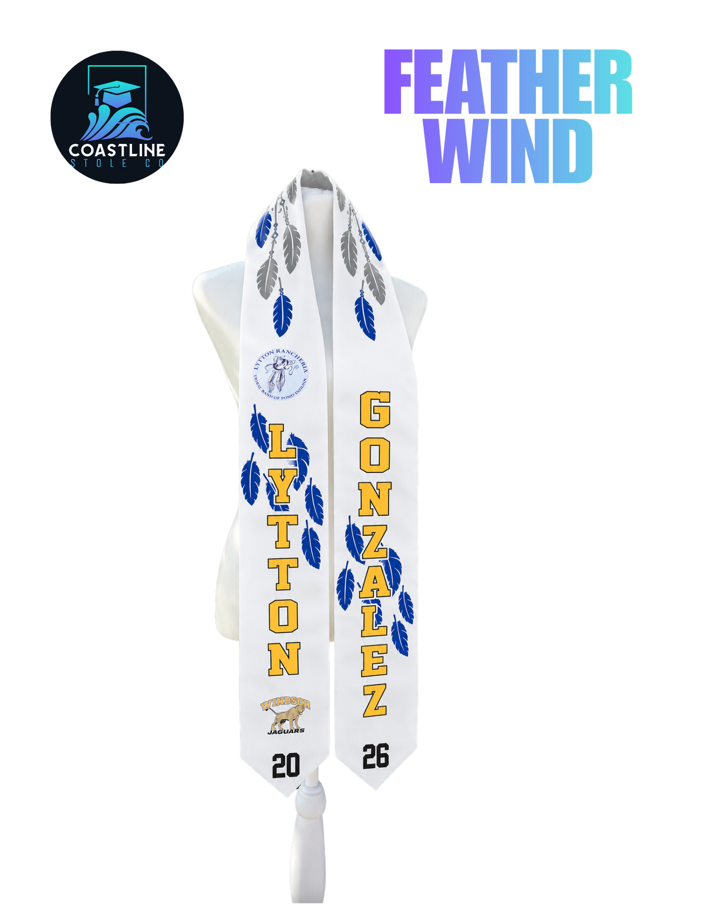 Native American FEATHER WIND - Graduation Stole - Custom - Softball/Baseball - High School | College Sports Track Volleyball Football Soccer