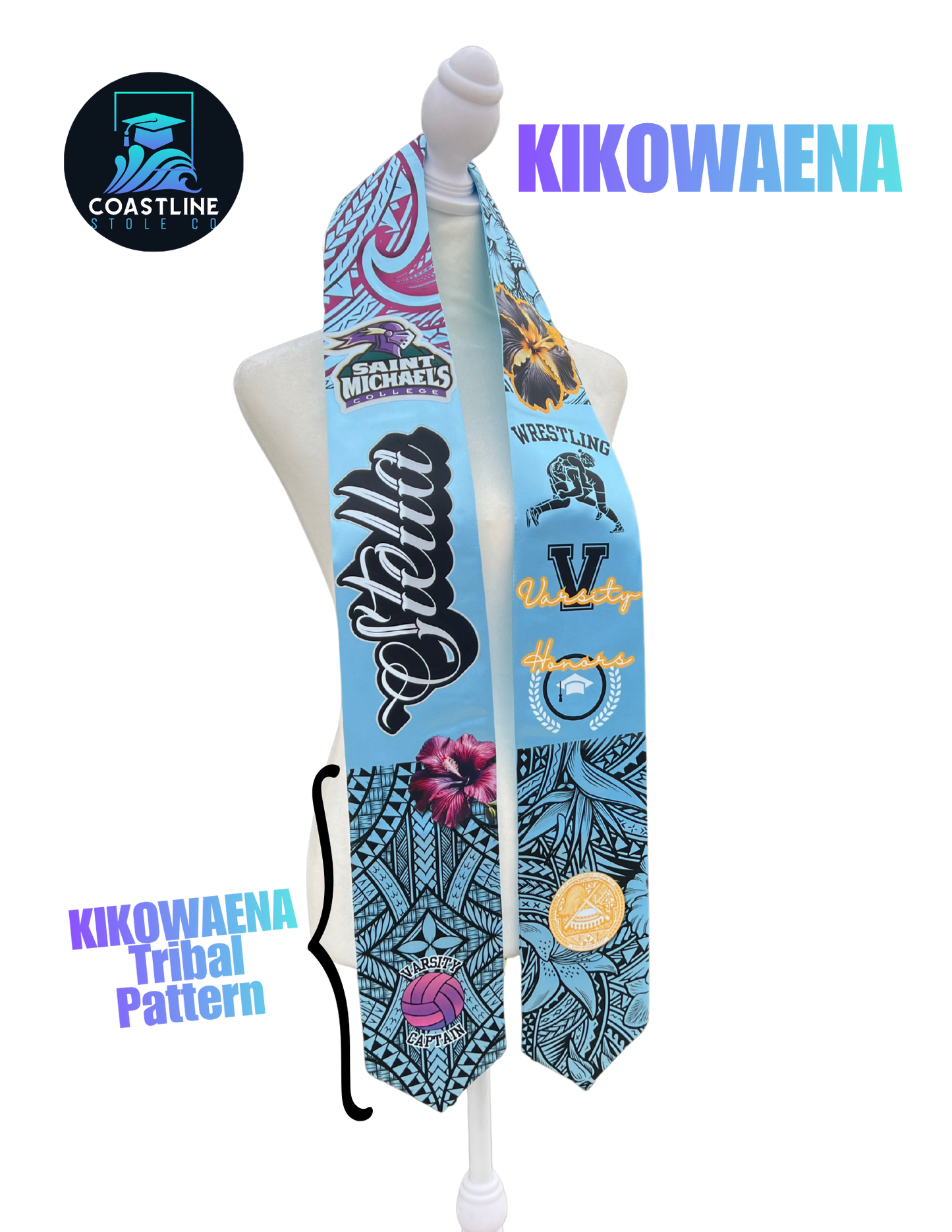 Tribal KIKOWAENA (Center) Graduation Stole - Cultural Flags | Sports | Honors - Polynesian Inspired - High School | College