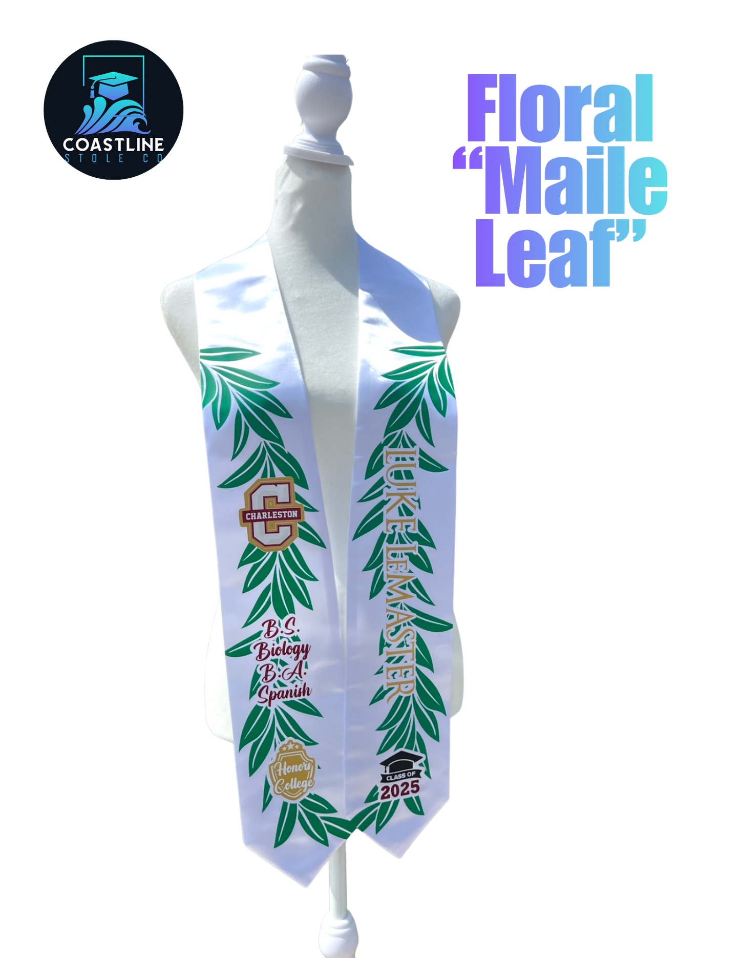 Floral MAILE LEAF Graduation Stole - Custom - Softball/Baseball - High School | College Sports Track Volleyball Football Cheer Soccer