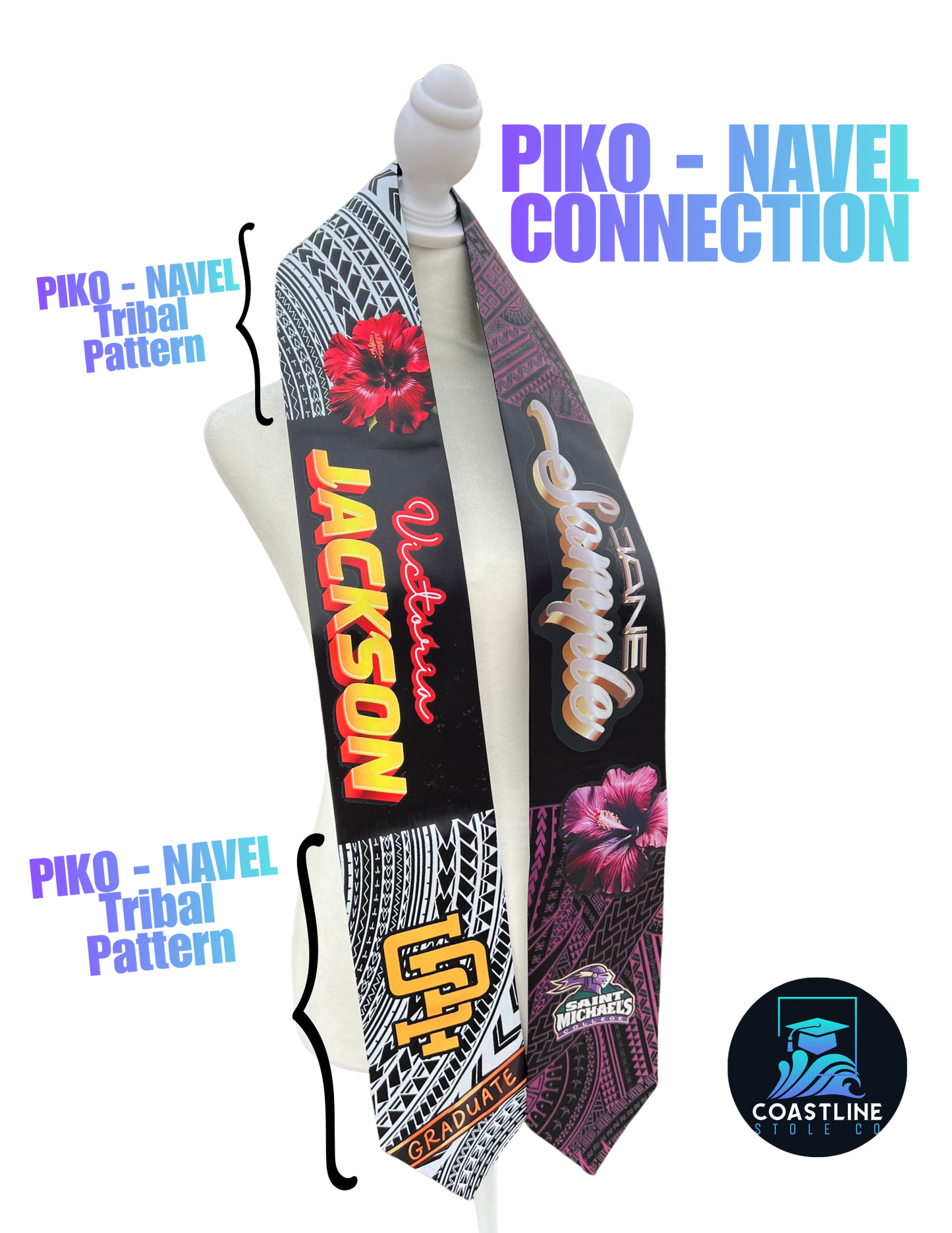 Tribal PIKO (Navel Connection) Graduation Stole - Cultural Flags | Sports | Honors - Polynesian Inspired - High School | College