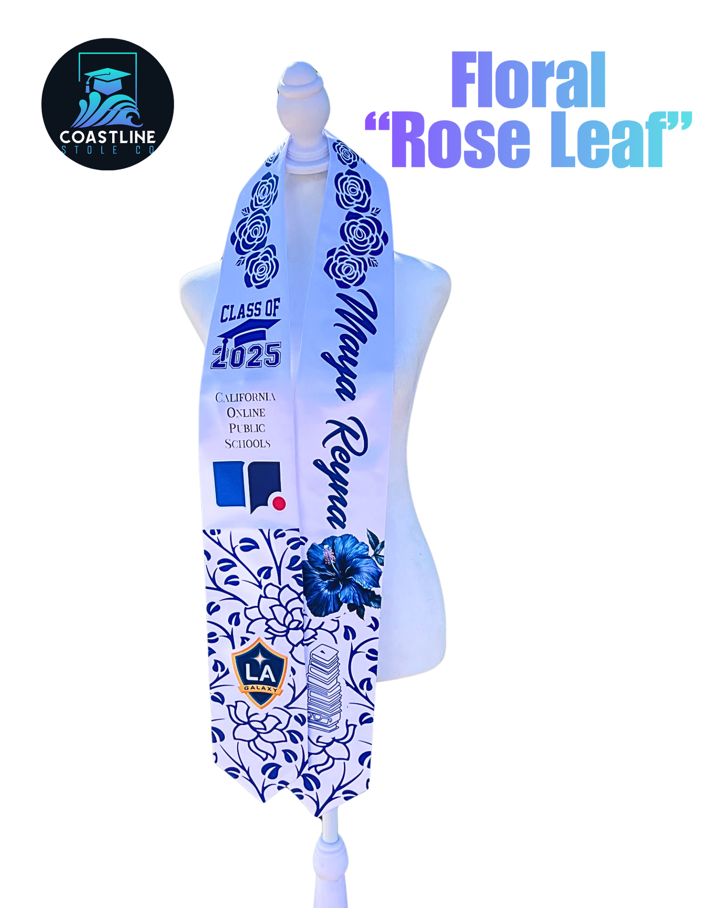 Floral ROSE LEAF Graduation Stole - Custom - Softball/Baseball - High School | College Sports Track Volleyball Football Cheer Soccer